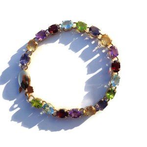 14K Solid Gold Bracelet, Multiple Natural Gemstones, 7 inches